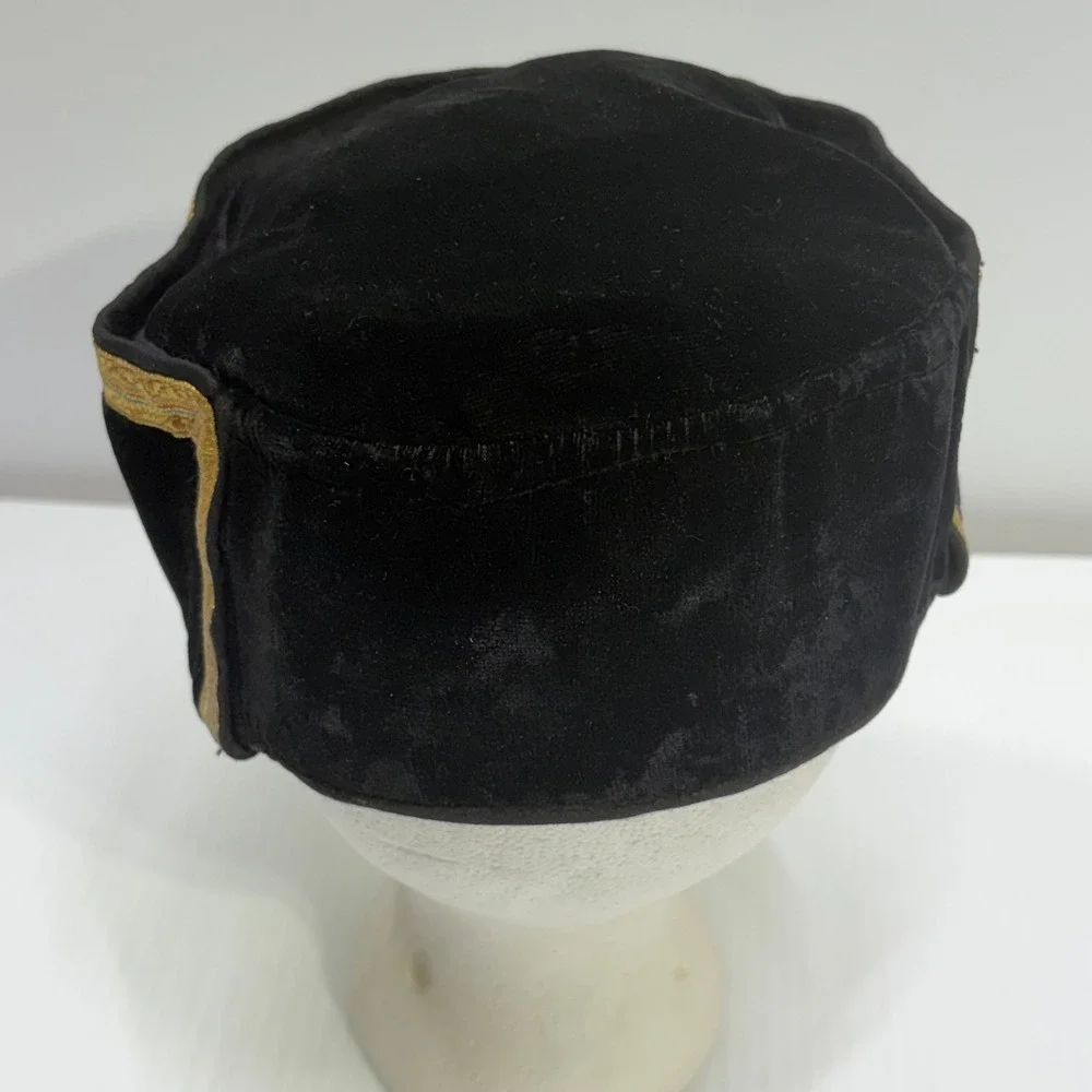 Vintage Black Velvet Pillbox Hat Gold Bullion Embroidery Pearls Made in India